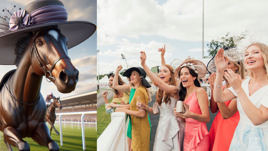 Ladies watching the races as a horse with a special occasion hat on it's head goes by