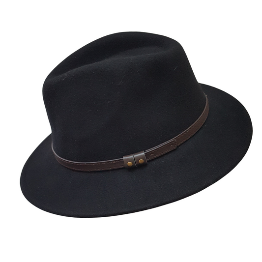 100% Wool Black Fedora with Faux Leather Band