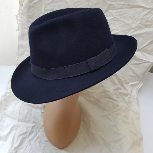 Blue 100% Wool Fedora with Ribbon Band