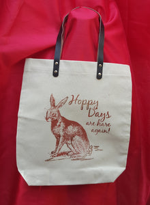 Hand printed canvas shopper bag with leather handles
