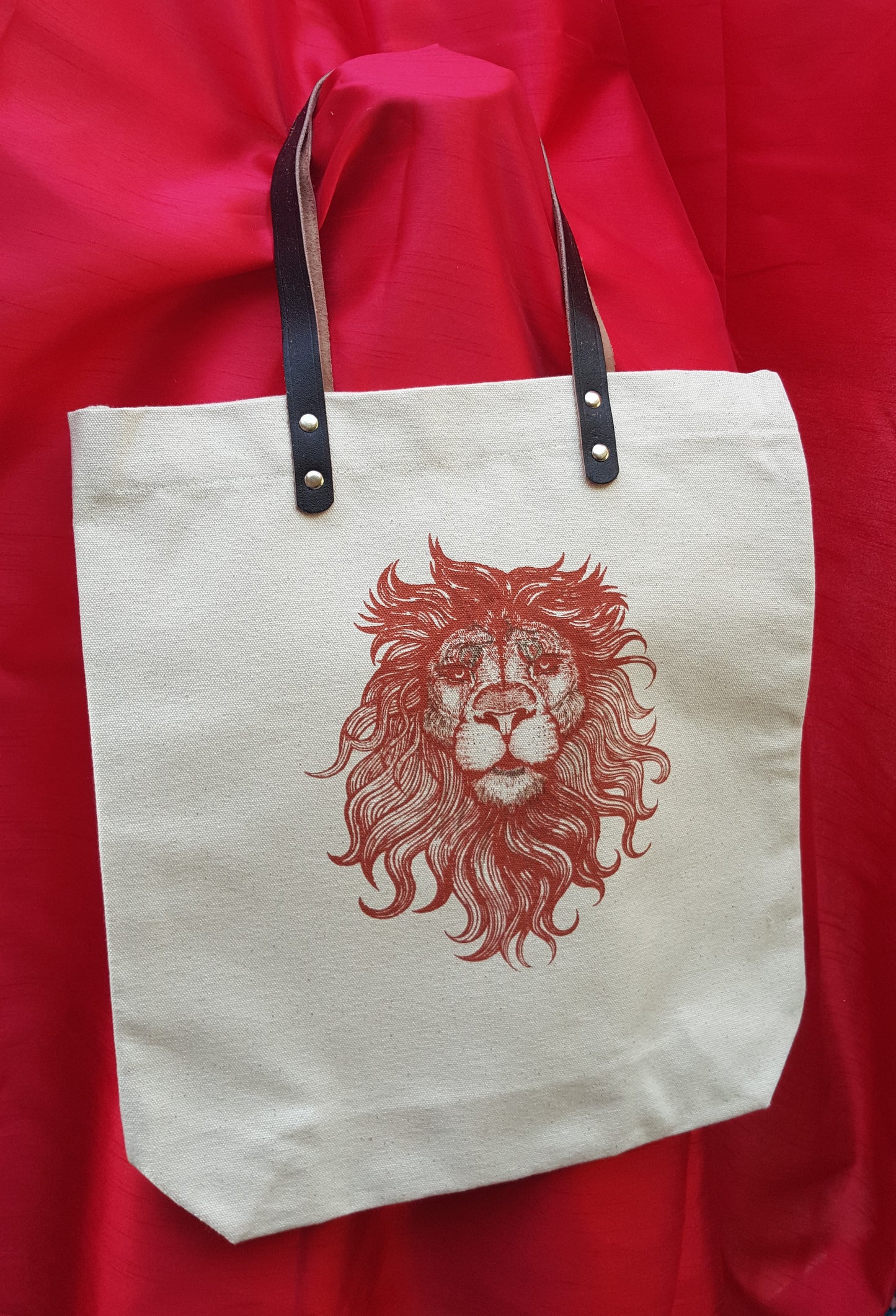 Hand printed canvas shopper bag with leather handles