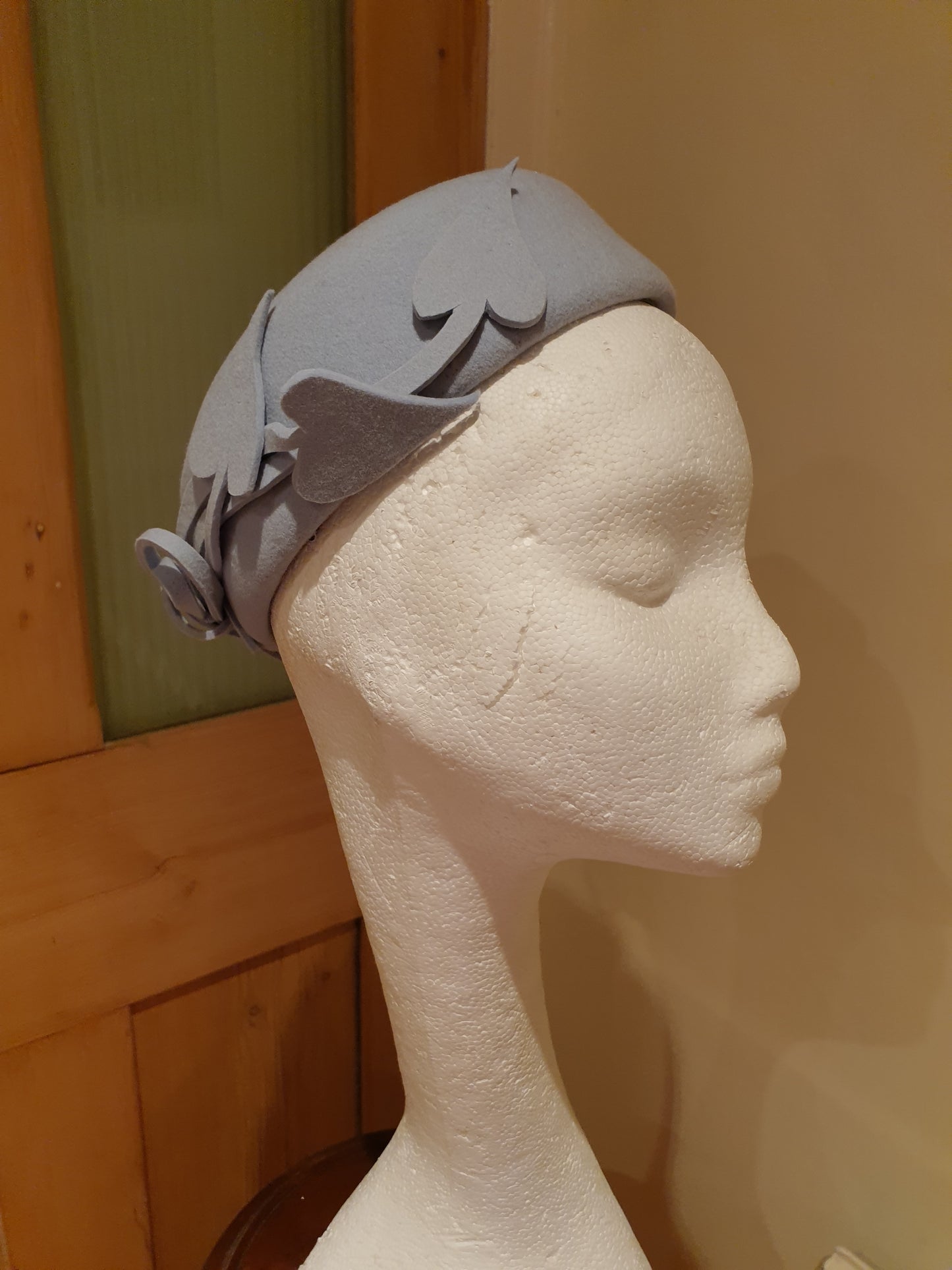 Handmade Pale Blue Felt Pillbox Hat With Entwined Leaf Decoration