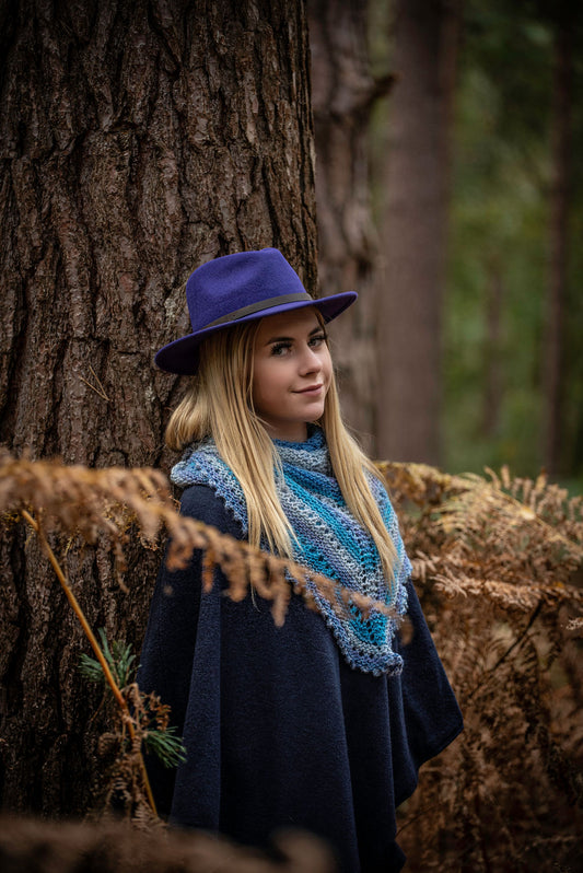 Hand Knitted Blue and Grey Open Knit Shawl