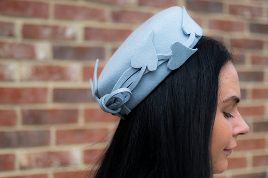 Handmade Pale Blue Felt Pillbox Hat With Entwined Leaf Decoration