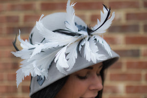 Handmade Light Grey Fur Felt Cloche Hat With Feather Mount