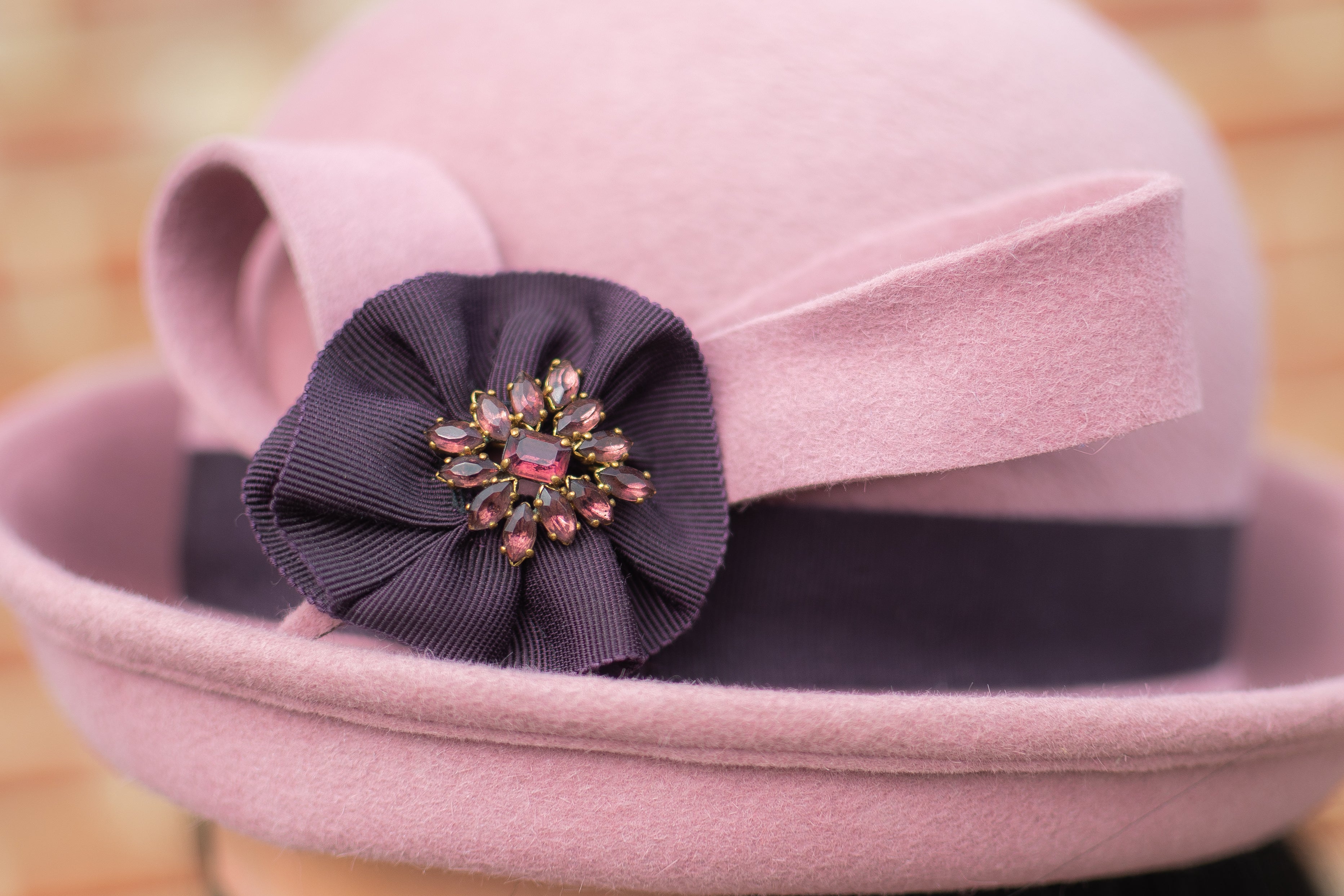 Handmade Dusky Pink Fur Felt Cloche Hat With Up Turned Asymmetric Brim