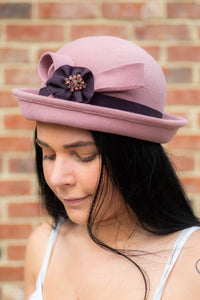 Handmade Dusky Pink Fur Felt Cloche Hat With Up Turned Asymmetric Brim
