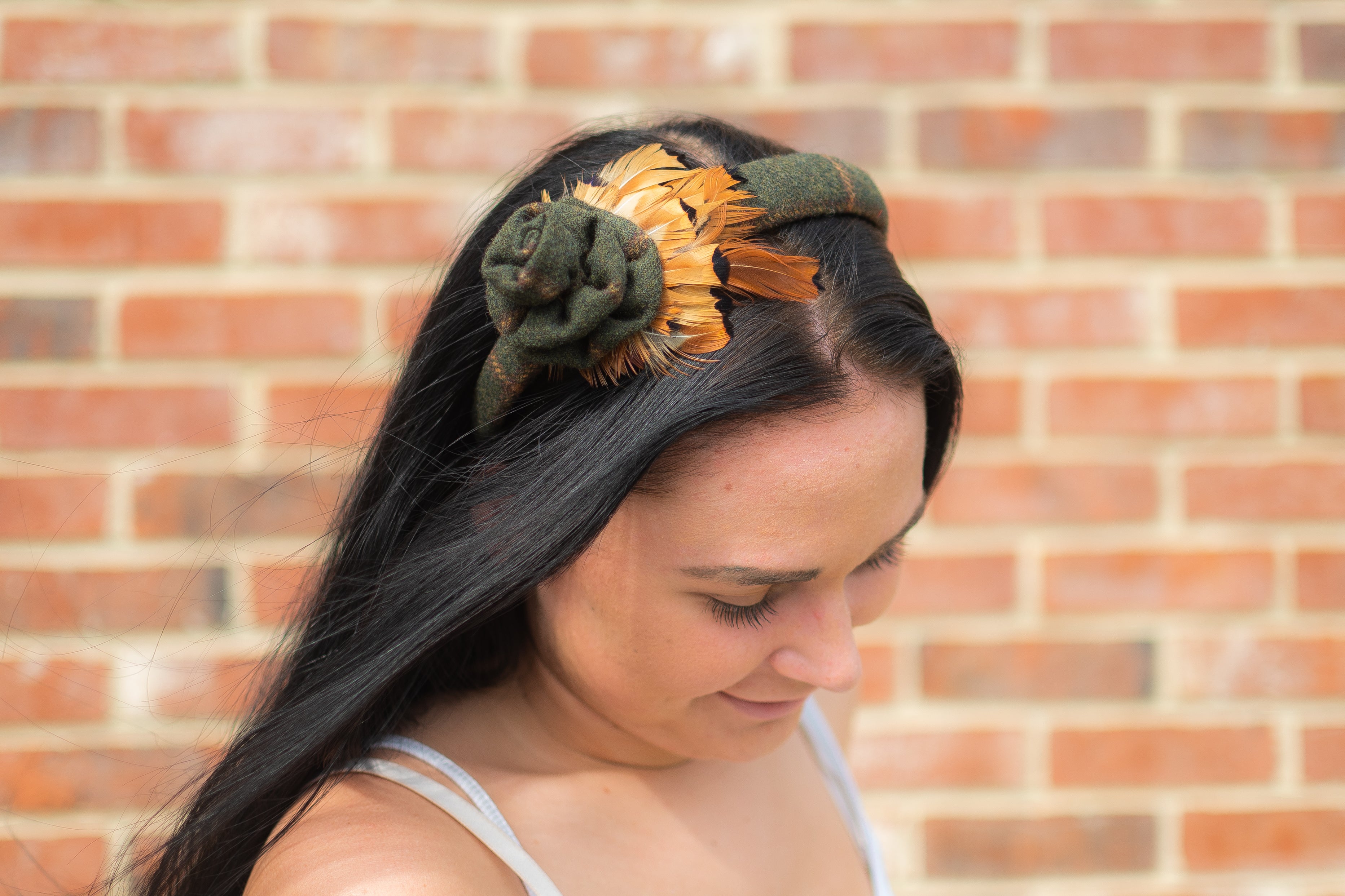 Handmade Tweed Headband With Feather And Flower Decoration