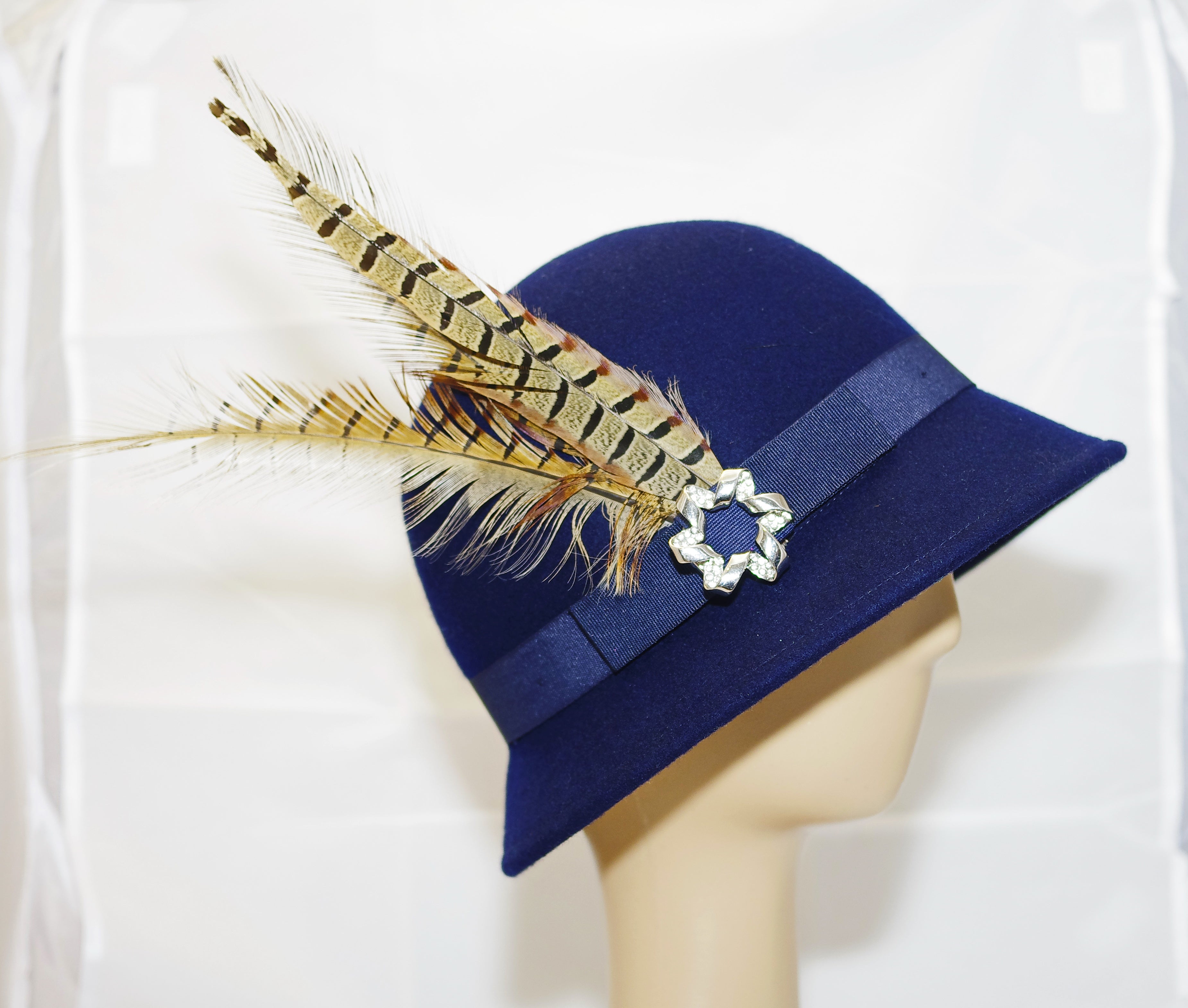 Navy Blue Cloche Hat With Feather Decoration