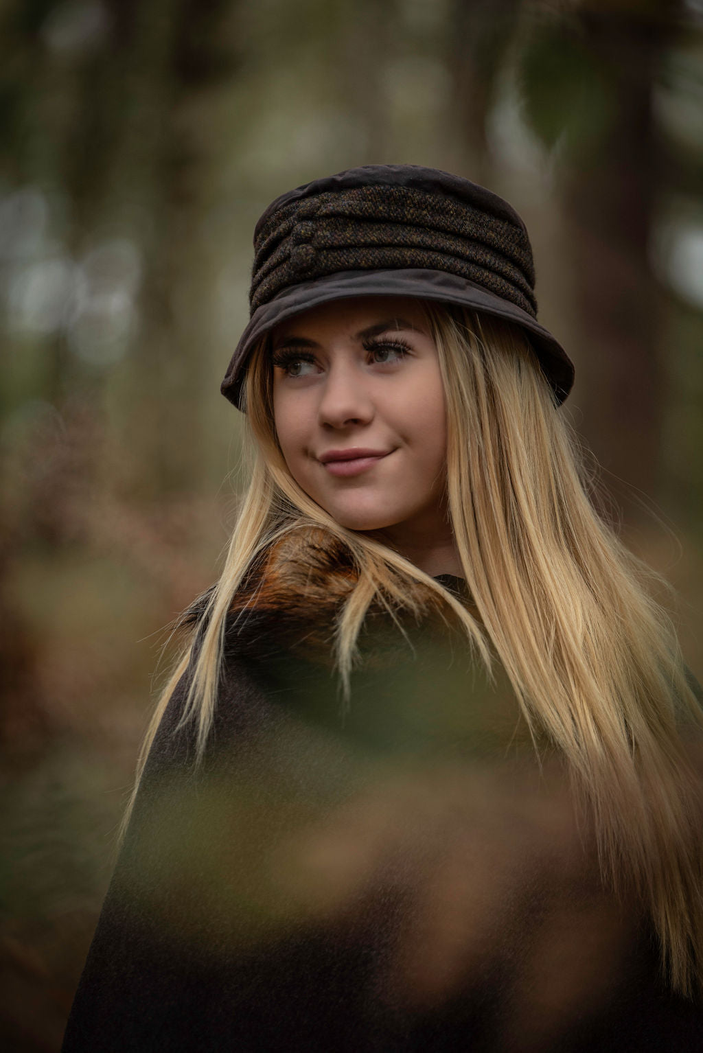 Amy Waxed Rain Hat with Harris Tweed Pleated Band