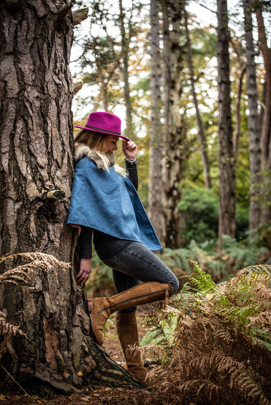 Limited Edition Blue Poncho with Faux Fur Collar One Size