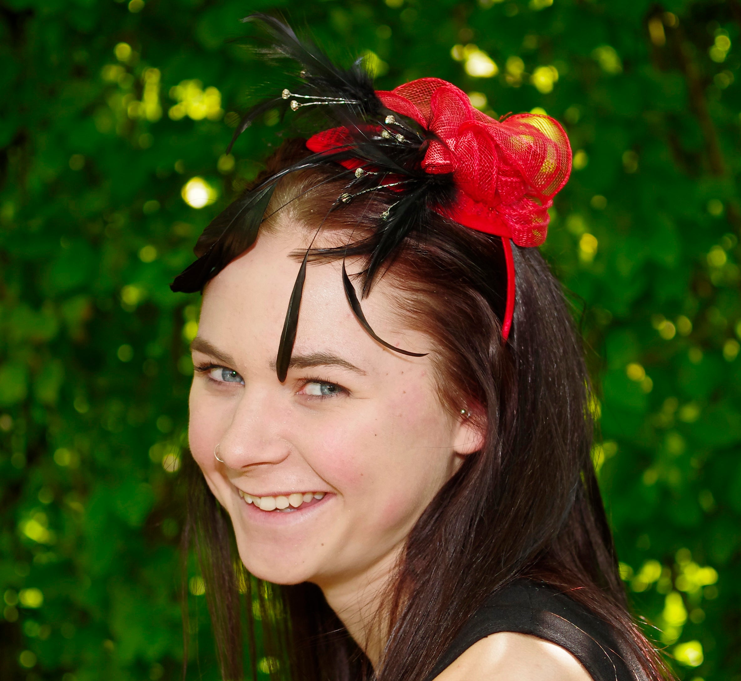 Red and Black Fascinator with Feathers