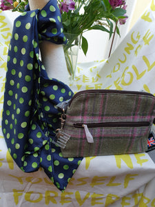 Hand Finished Silk Scarf Navy and Lime Green Spot